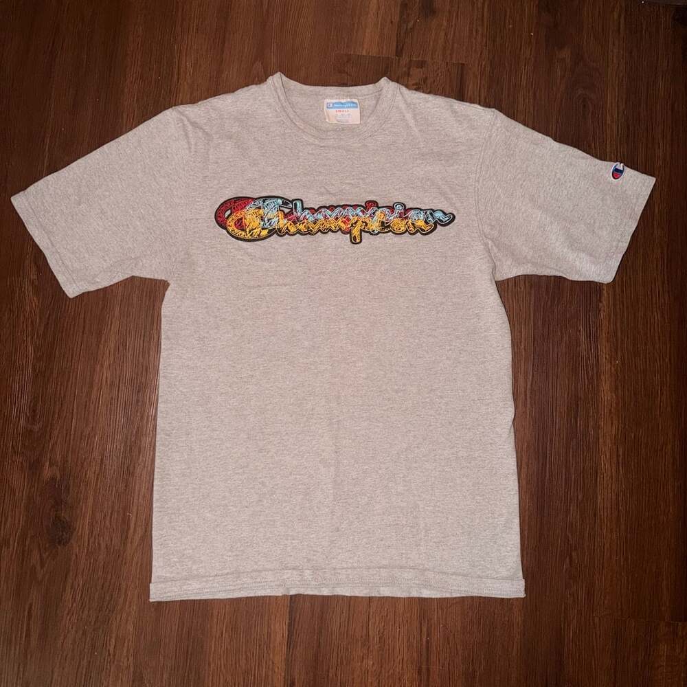 Champion Gray Multi-Color Embroidered Script Spellout Short Sleeve T-Shirt